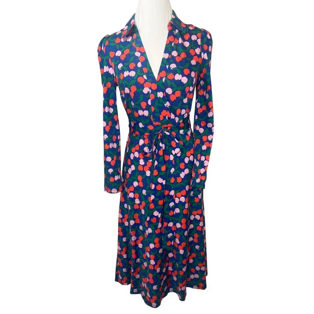 Boden Imogen Cherries Collar Dress Belted Ladies Size 2P Blue Pink Red - Picture 9 of 10